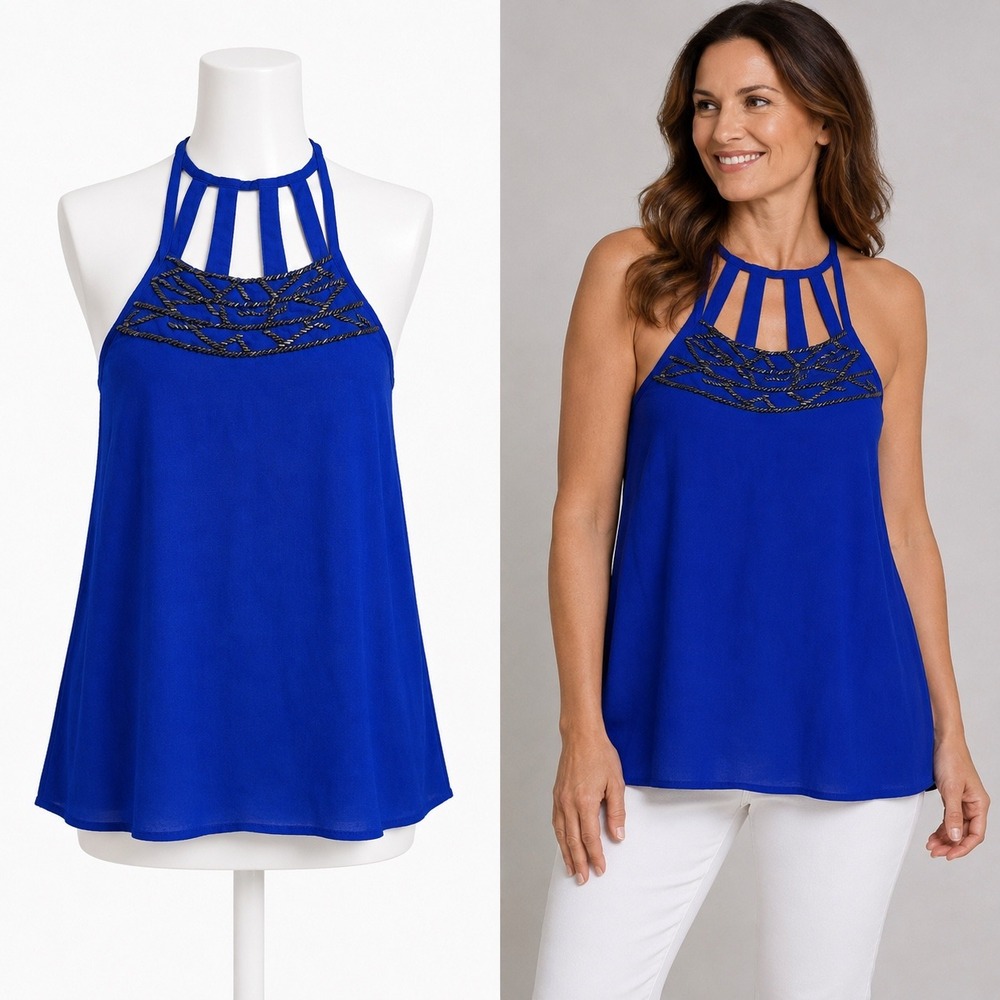Charlotte Russe Tank Top Women S Blue Beaded Halter Strappy Cage Back Chiffon